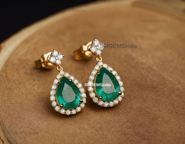 2.30 Carat Pear-Shaped Natural Emerald and Diamond Halo Drop Earrings in 18k Gold