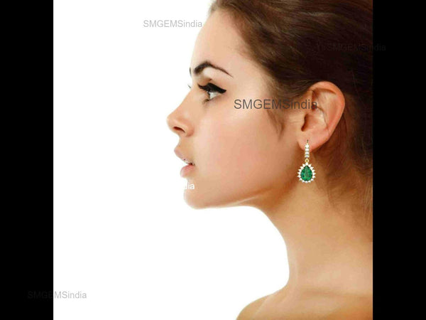 2.40 Carat Pear Shaped Natural Emerald Halo Earrings Fine Gold Drop Earrings for Women in 18k Gold