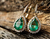 2.40 Carat Pear Shaped Natural Emerald Halo Earrings Fine Gold Drop Earrings for Women in 18k Gold