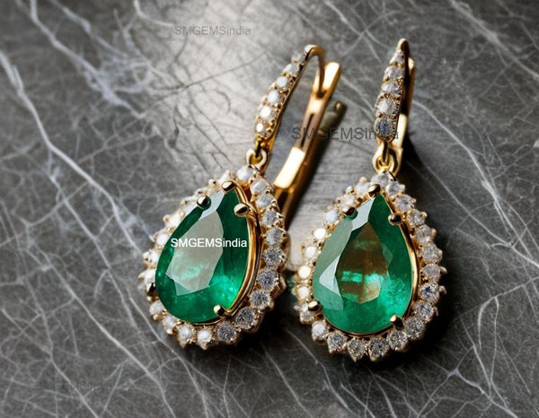 2.40 Carat Pear Shaped Natural Emerald Halo Earrings Fine Gold Drop Earrings for Women in 18k Gold