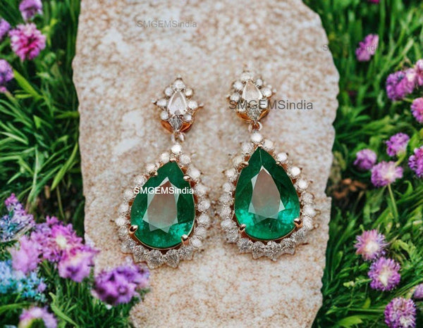 Exquisite Pear Cut Natural Emerald Dangle Earrings with Diamond Halo for Special Occasions