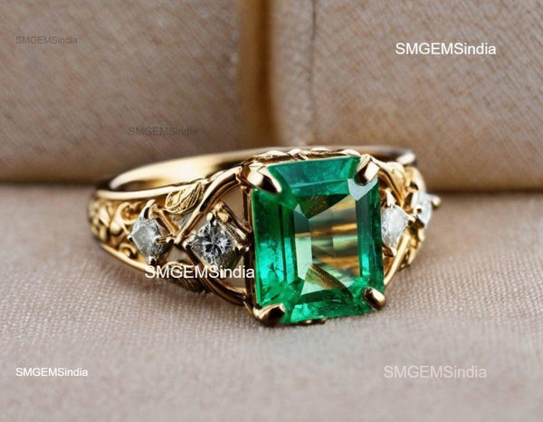 2.80 carat Octagon Natural Emerald And Diamond Engagement Ring in 18k gold Gift For Her