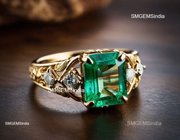 2.80 carat Octagon Natural Emerald And Diamond Engagement Ring in 18k gold Gift For Her