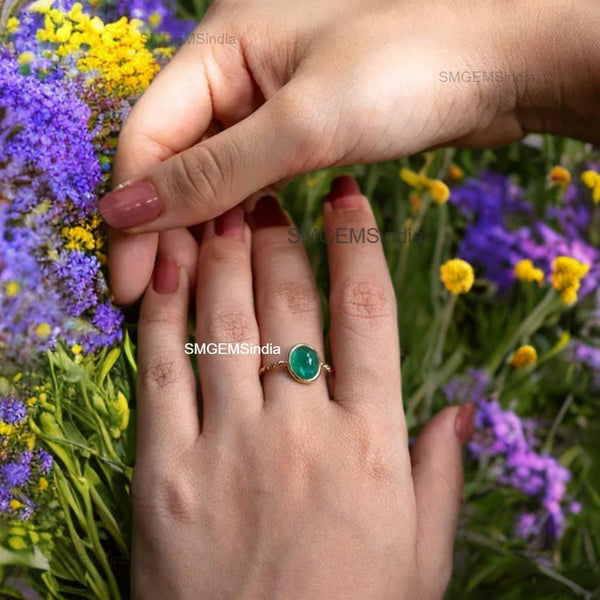 2.40 carat Natural Cabochon Emerald Solitaire 14K Gold Ring Anniversary Wedding Gift Ring