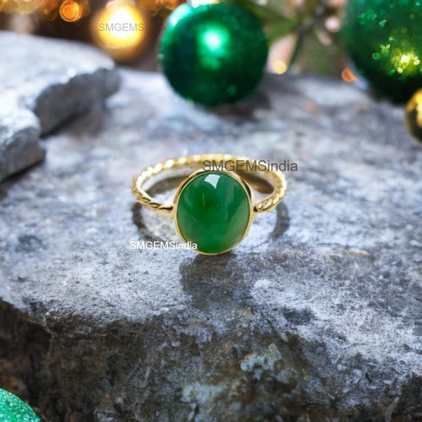 2.40 carat Natural Cabochon Emerald Solitaire 14K Gold Ring Anniversary Wedding Gift Ring