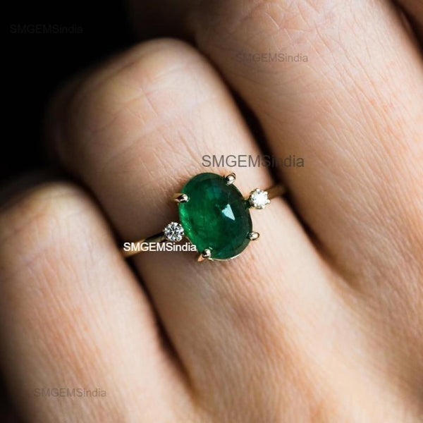 Unique Oval Cabochon Emerald and Diamond Ring 14K Gold Emerald Engagement Ring