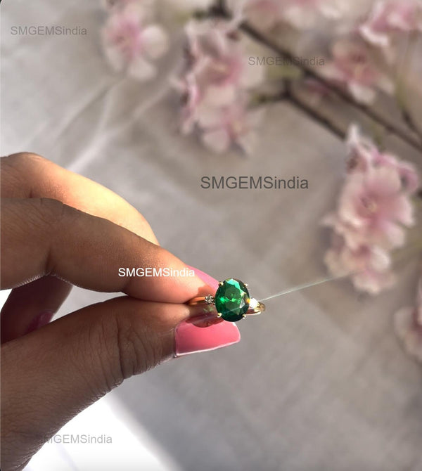 Unique Oval Cabochon Emerald and Diamond Ring 14K Gold Emerald Engagement Ring