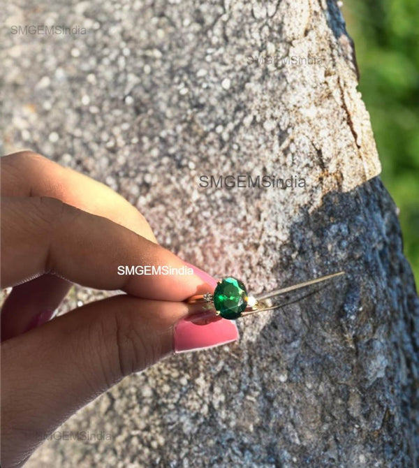 Unique Oval Cabochon Emerald and Diamond Ring 14K Gold Emerald Engagement Ring