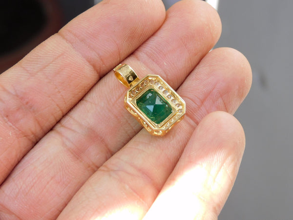 Emerald Cut Natural Emerald and Diamond Halo Pendant in 14K Gold Elegant Birthstone Jewelry