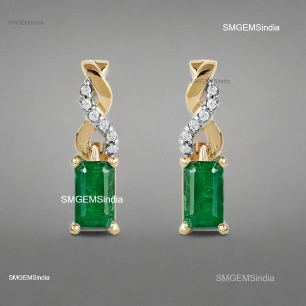 Emerald cut Natural Emerald and Diamond Twist Drop Earrings in 14K Gold Wedding Gift for her