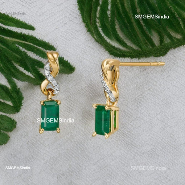 Emerald cut Natural Emerald and Diamond Twist Drop Earrings in 14K Gold Wedding Gift for her