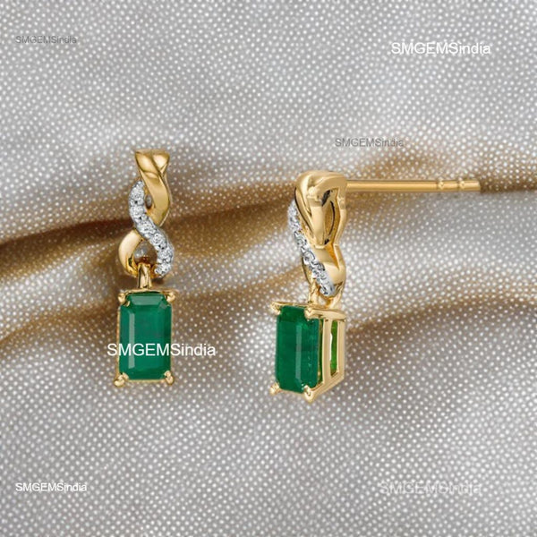 Emerald cut Natural Emerald and Diamond Twist Drop Earrings in 14K Gold Wedding Gift for her