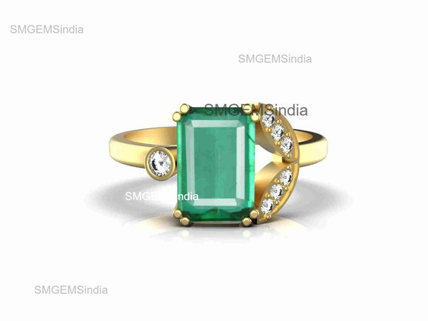 4.10 carat Modern Emerald cut Natural Emerald & Diamond Asymmetric Promise Ring in 14KGold