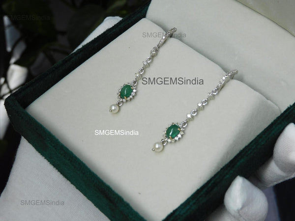 Oval cabochon Emerald Halo Dangle Earrings in Gold with Pearl Drop Elegant Gift for Her