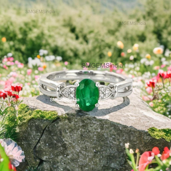 1.20 carat Oval shape Natural Emerald and Diamond Split Shank Ring in 14k Gold Gift for her