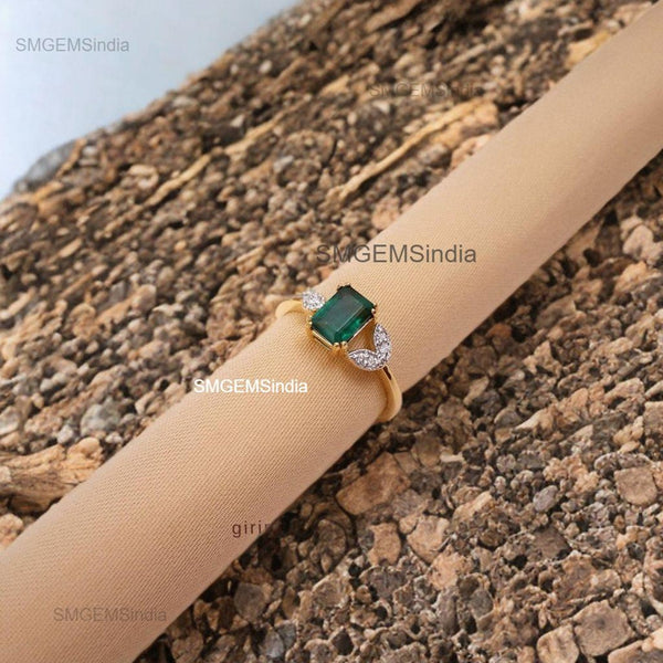 4.10 carat Modern Emerald cut Natural Emerald & Diamond Asymmetric Promise Ring in 14KGold