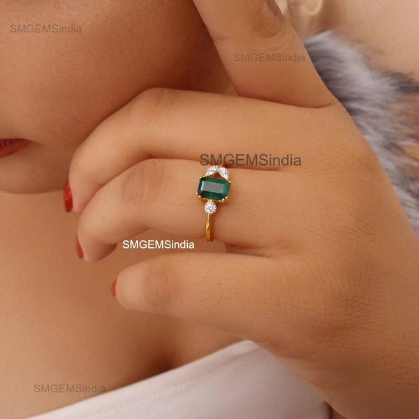 4.10 carat Modern Emerald cut Natural Emerald & Diamond Asymmetric Promise Ring in 14KGold