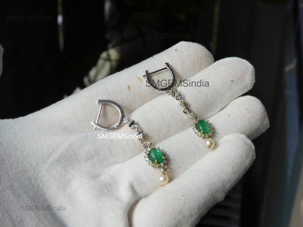 Oval cabochon Emerald Halo Dangle Earrings in Gold with Pearl Drop Elegant Gift for Her