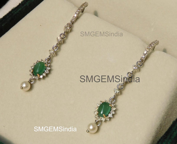 Oval cabochon Emerald Halo Dangle Earrings in Gold with Pearl Drop Elegant Gift for Her