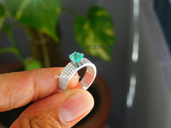 Round Natural Emerald and Diamond Multi-Row Band Engagement Ring in 14K Gold Handmade Fine Gold Jewelry