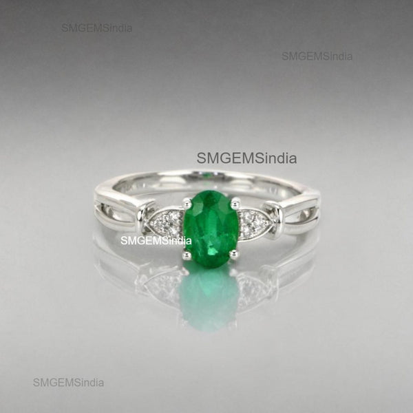 1.20 carat Oval shape Natural Emerald and Diamond Split Shank Ring in 14k Gold Gift for her