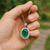 Green Gemstone Emerald and Diamond Halo Necklace 4.20 carat Oval Cut Gold Design