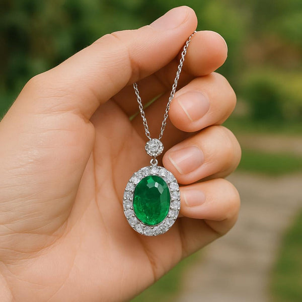 Green Gemstone Emerald and Diamond Halo Necklace 4.20 carat Oval Cut Gold Design