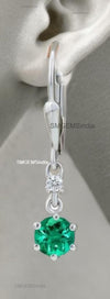 Round Natural Emerald & Diamond Drop Earrings in 14K Gold Dainty Lever back Design