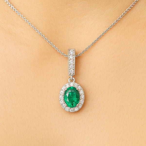2 carat Oval cut 14K Gold Natural Emerald Halo Pendant with Dainty Diamond Accents