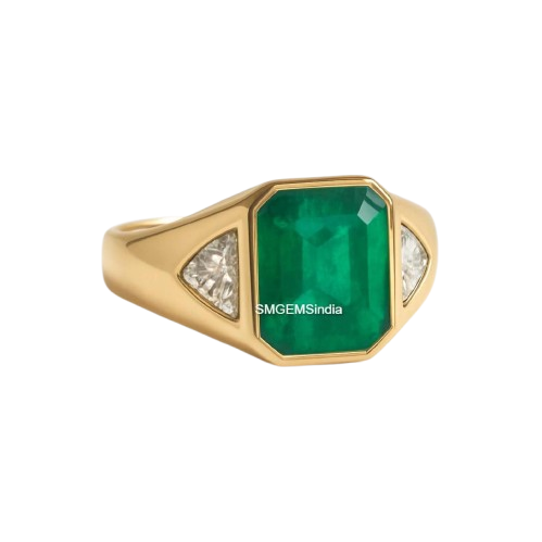 Natural Emerald And Triangle Diamond Ring 10.20 Carats Engagement Ring in 14K gold