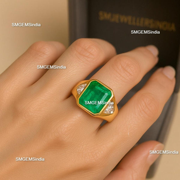 10.20 Carats Natural Emerald And Moissanite Men's Ring May Birthstone Ring