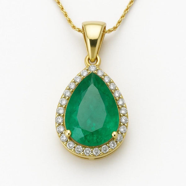 5.90 carat Teardrop natural Emerald Pendant with Diamond Halo Fine Gold Jewelry