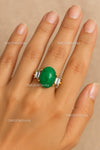 6.70 Carat Oval Shape Cabochon Natural Green Emerald And baguettes Diamond Engagement Ring 14k Solid Gold Ring
