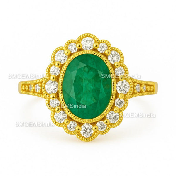 5.80 Carats Oval cut Natural Zambian Emerald And Diamond Engagement Ring in 18K gold