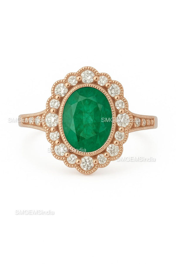 5.80 Carats Oval cut Natural Zambian Emerald And Diamond Engagement Ring in 18K gold