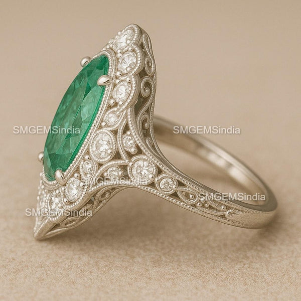5.80 Carats Oval cut Natural Zambian Emerald And Diamond Engagement Ring in 18K gold