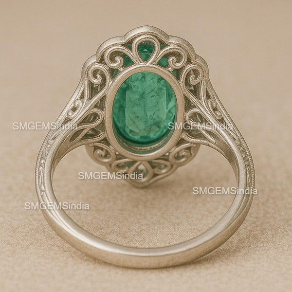 5.80 Carats Oval cut Natural Zambian Emerald And Diamond Engagement Ring in 18K gold