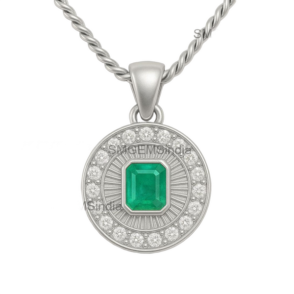 Emerald Cut Green Natural Emerald Diamond Halo Medallion Pendant in 14K Gold