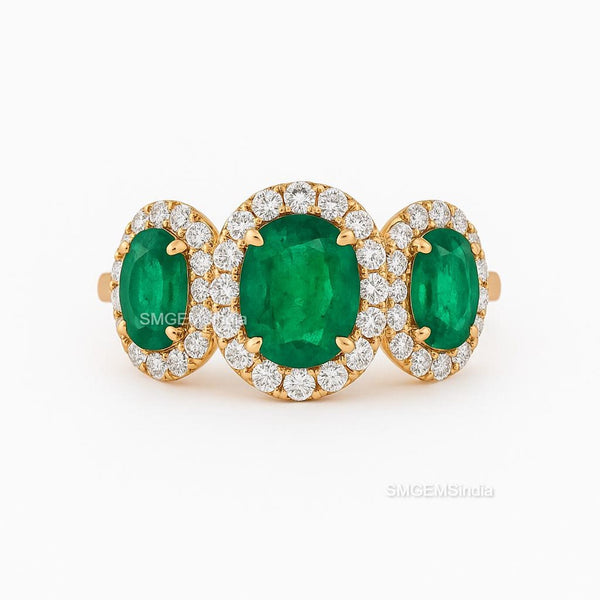 3.50ct Oval Cut Emerald Ring in Halo Setting Diamonds 14k Gold Three Stone Emerald Engagement Ring
