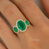 3.50ct Oval Cut Emerald Ring in Halo Setting Diamonds 14k Gold Three Stone Emerald Engagement Ring