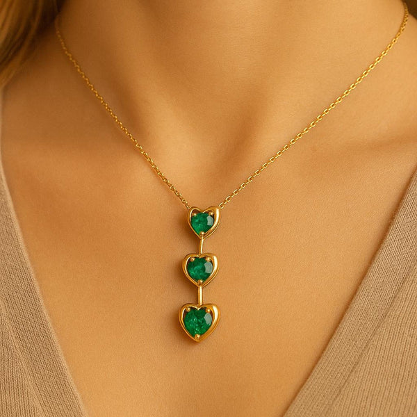 Triple Heart Design Round Natural Emerald Pendant in 14k Gold Romantic May Birthstone Gift