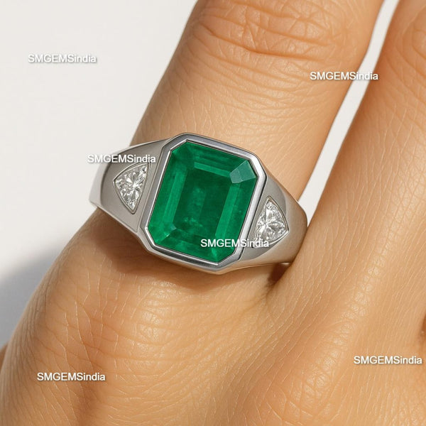 10.20 Carats Natural Emerald And Moissanite Men's Ring May Birthstone Ring