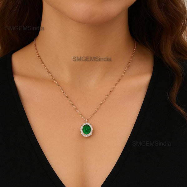 1.02 carat Oval shape Natural Green Emerald Halo Diamond Pendant Necklace in 14K Gold