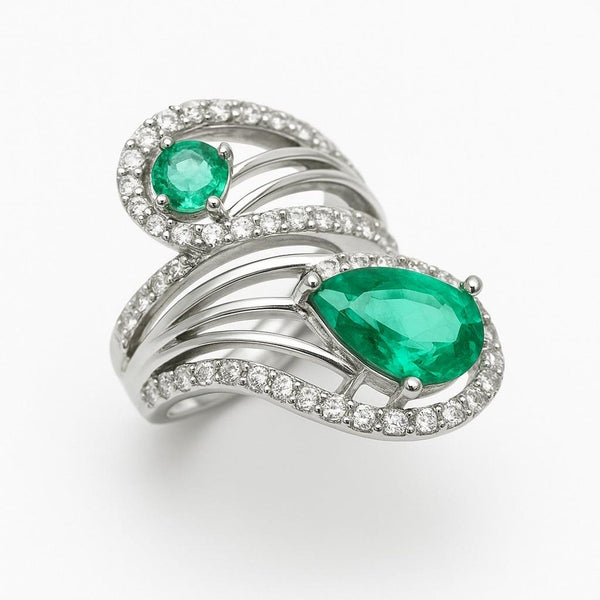 2.10 carat Pear & Round Natural Emerald Spiral Ring in Gold with Diamond Accents