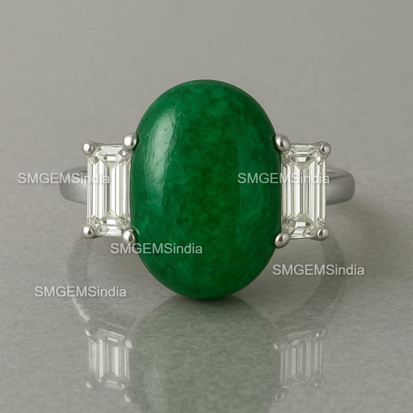 6.70 Carat Oval Shape Cabochon Natural Green Emerald And baguettes Diamond Engagement Ring 14k Solid Gold Ring