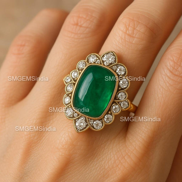 Genuine Vintage Emerald Cut Cabochon Diamond Engagement Ring in 18k Gold