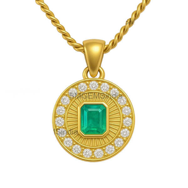 Emerald Cut Green Natural Emerald Diamond Halo Medallion Pendant in 14K Gold