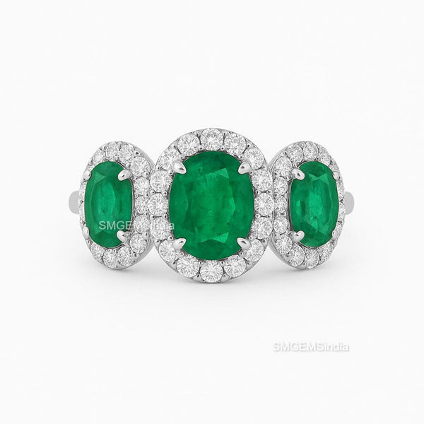 3.50ct Oval Cut Emerald Ring in Halo Setting Diamonds 14k Gold Three Stone Emerald Engagement Ring