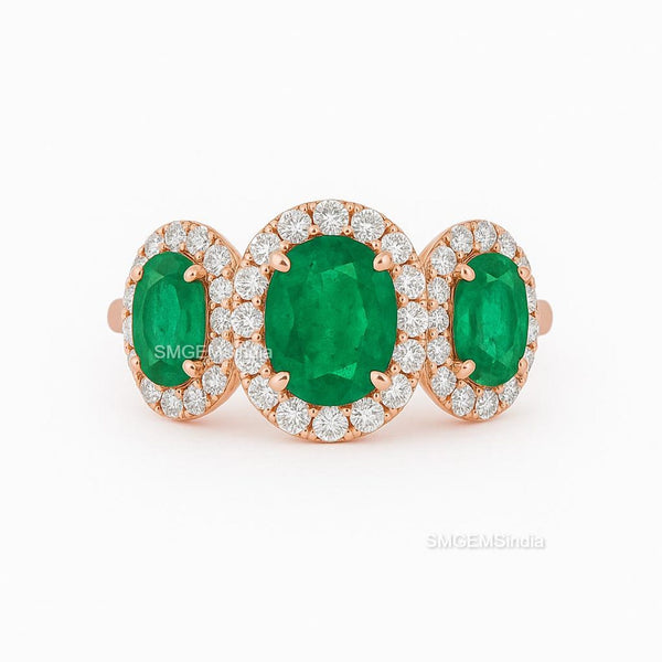 3.50ct Oval Cut Emerald Ring in Halo Setting Diamonds 14k Gold Three Stone Emerald Engagement Ring