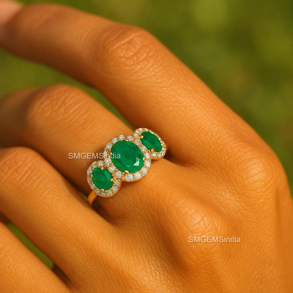 3.50ct Oval Cut Emerald Ring in Halo Setting Diamonds 14k Gold Three Stone Emerald Engagement Ring